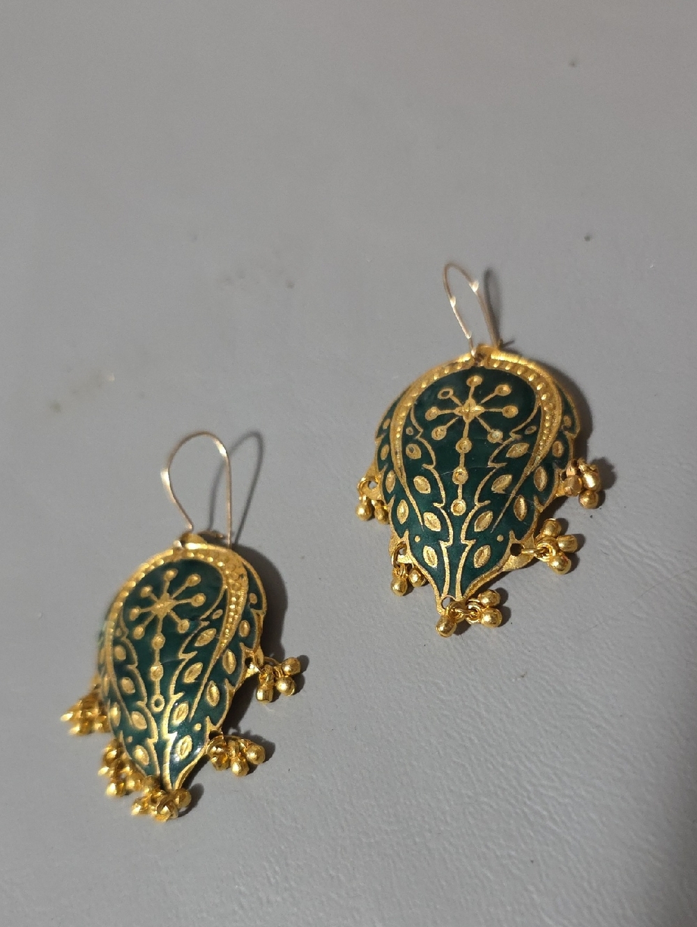 Green and Gold Filigree Drop Earrings by